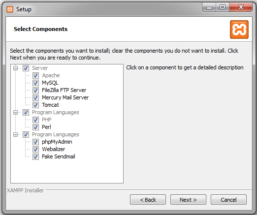 xampp select component