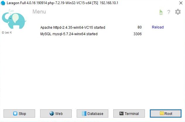 laragon apache server and mysql server started
