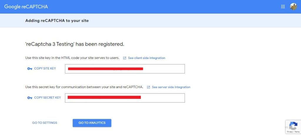 google recaptcha v3 site and secret key