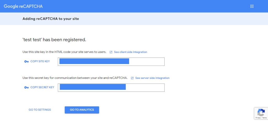 google reCAPTCHA v2 site key secret key