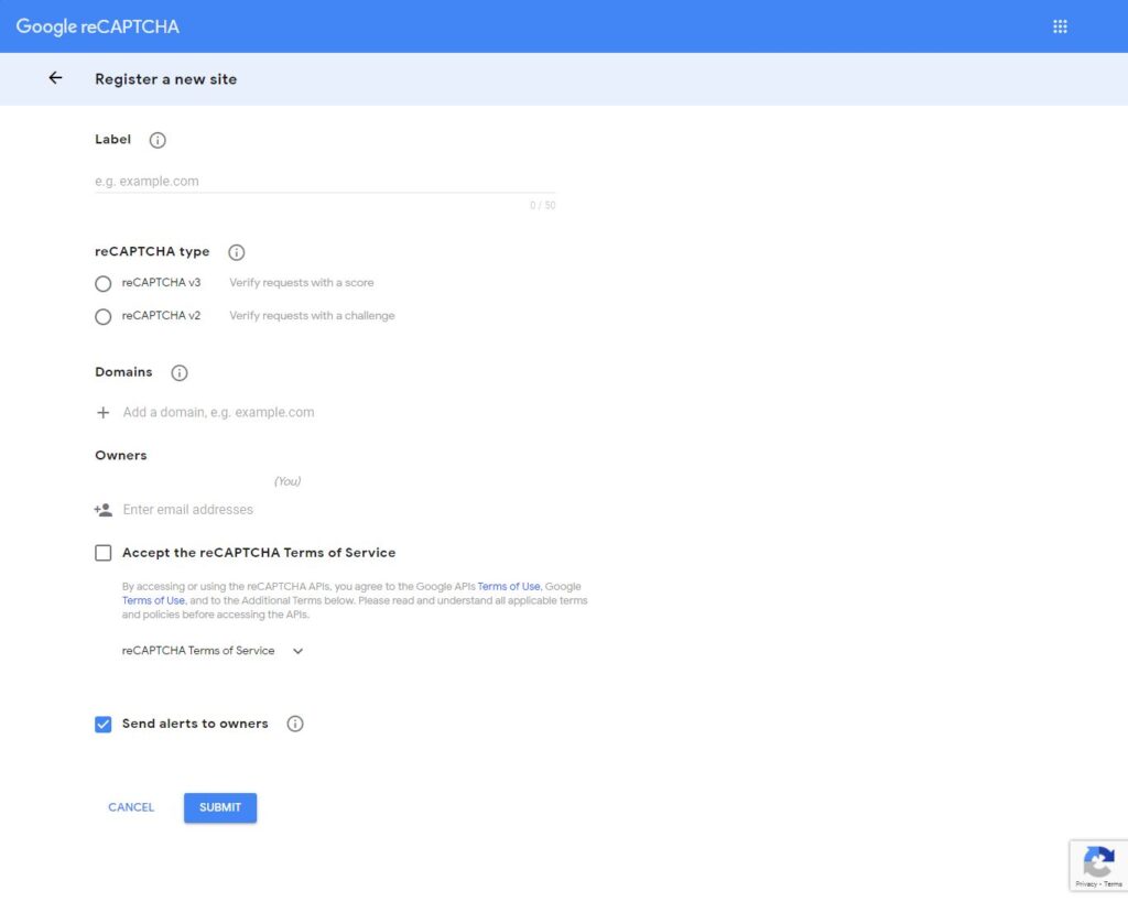 register google reCAPTCHA v2 site key secret key